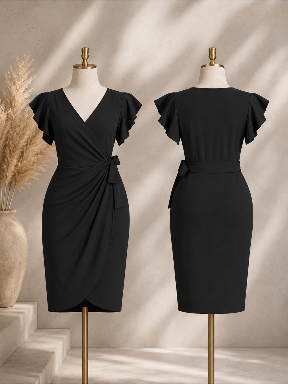 Plus Size Black Ruffle Sleeve V Neck Wrap Bodycon Dress - Picture 5 of 6